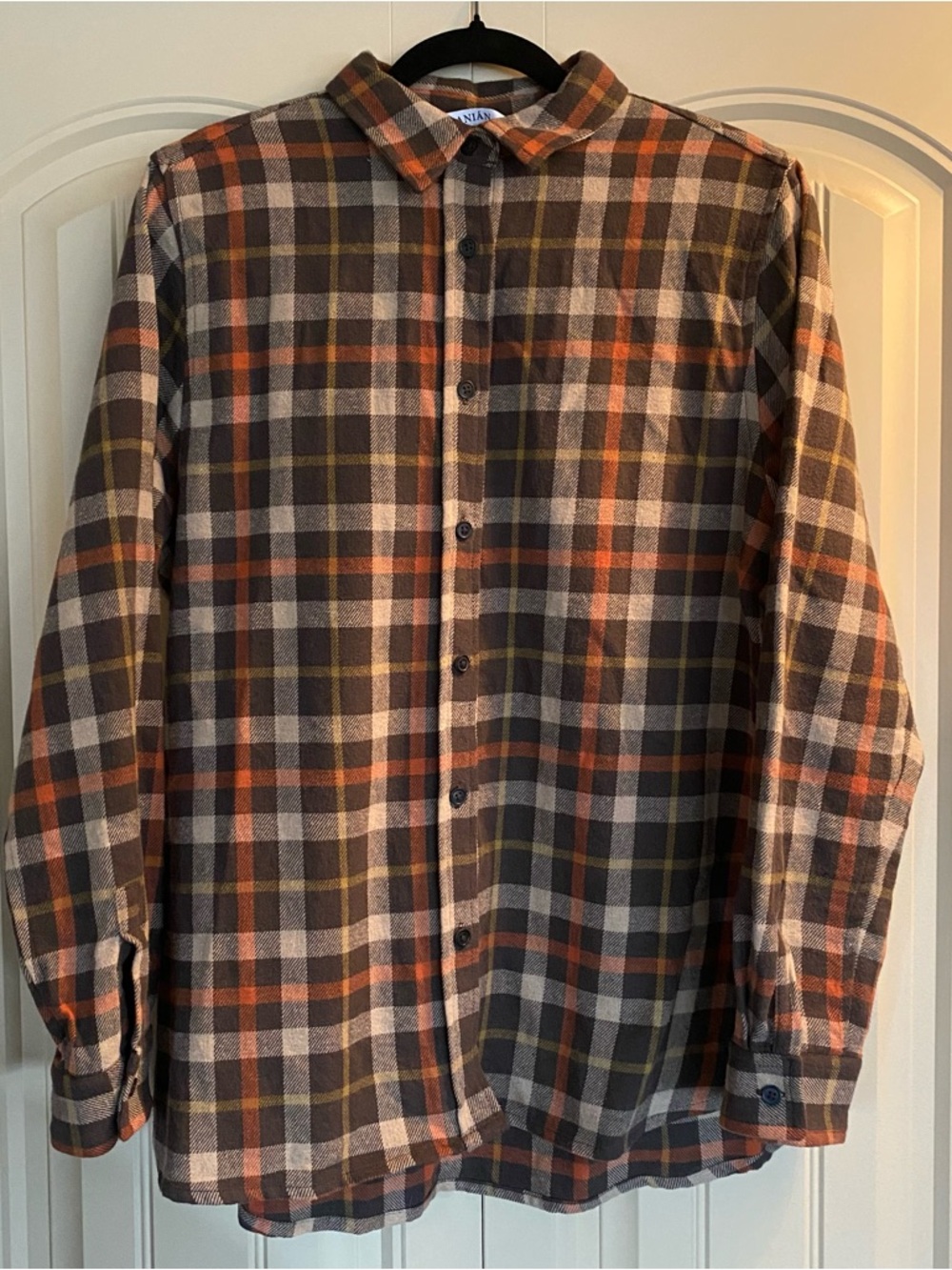 Anian Recycled Plaid Flannel Button-Up Shirt in Brown, Orange & Cream